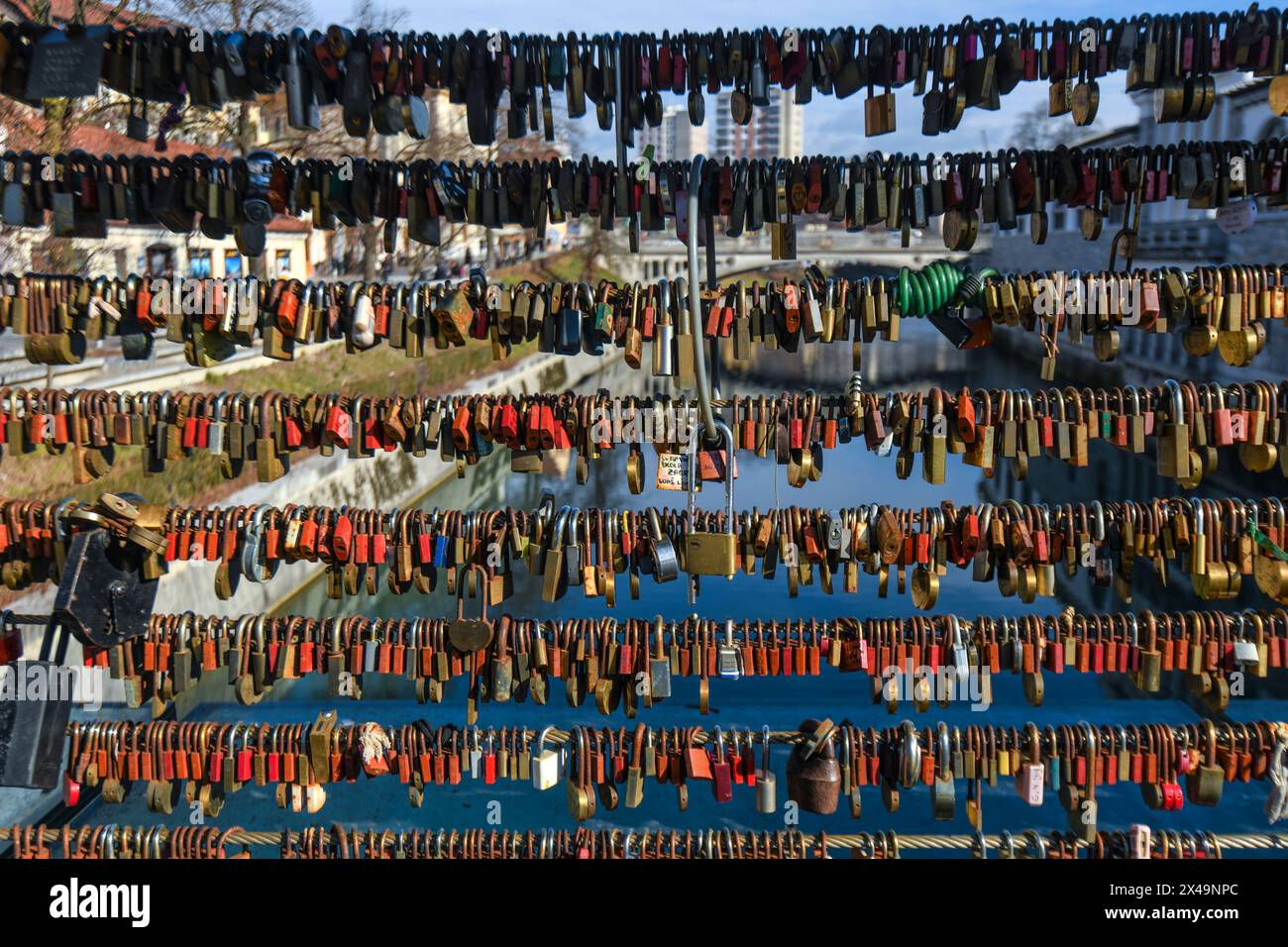Ljubljana: love padlocks in the Butcher's Bridge. Slovenia Stock Photo