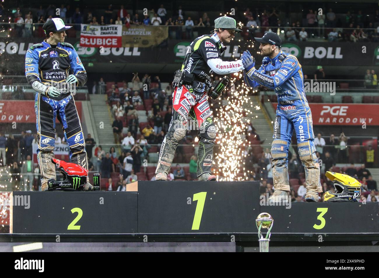 05.13.2024 WARSAW Poland 2023 ORLEN FIM Speedway Grand Prix of Poland - Warsaw op: podium - Fredrik Lindgren, Jack Holder, Bartosz Zmarzlik Stock Photo