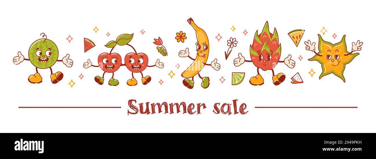 Summer sale. Tropical exotic fruits. Old retro cartoon characters. Groovy. Banana, watermelon, Cherry, pitahaya, star fruit. Horizontal banner in vint Stock Vector