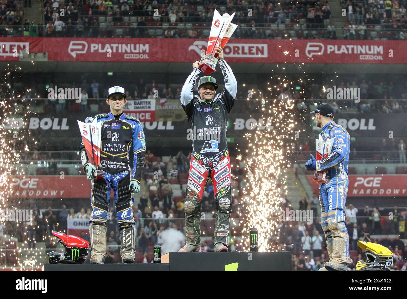 05.13.2024 WARSAW Poland 2023 ORLEN FIM Speedway Grand Prix of Poland - Warsaw op: podium - Fredrik Lindgren, Jack Holder, Bartosz Zmarzlik Stock Photo