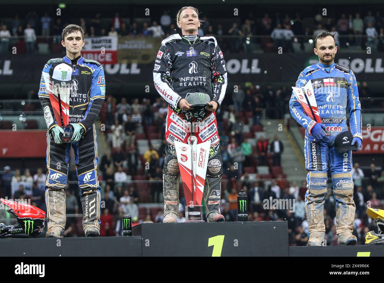 05.13.2024 WARSAW Poland 2023 ORLEN FIM Speedway Grand Prix of Poland - Warsaw op: podium - Fredrik Lindgren, Jack Holder, Bartosz Zmarzlik Stock Photo