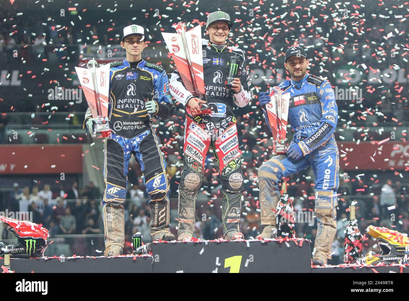 05.13.2024 WARSAW Poland 2023 ORLEN FIM Speedway Grand Prix of Poland - Warsaw op: podium - Fredrik Lindgren, Jack Holder, Bartosz Zmarzlik Stock Photo