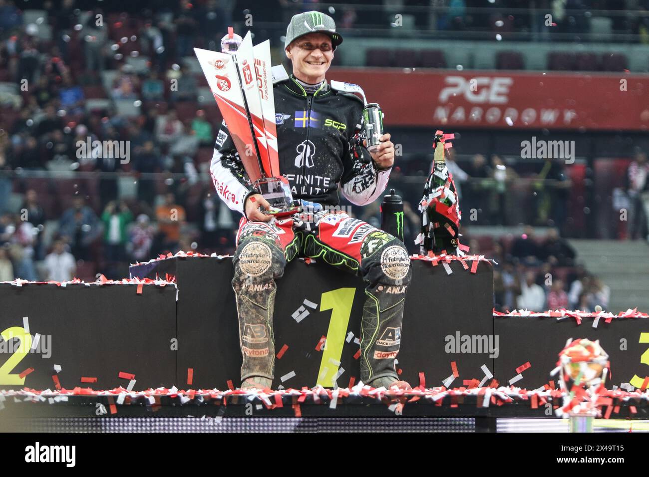 05.13.2024 WARSAW Poland 2023 ORLEN FIM Speedway Grand Prix of Poland - Warsaw op: Fredrik Lindgren winner podium Stock Photo