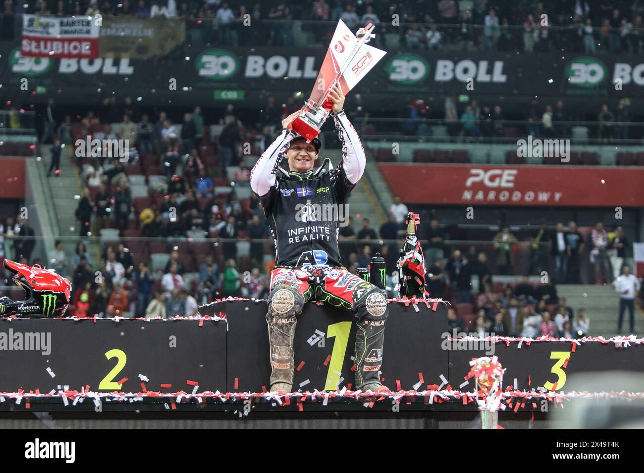 05.13.2024 WARSAW Poland 2023 ORLEN FIM Speedway Grand Prix of Poland - Warsaw op: Fredrik Lindgren winner podium Stock Photo