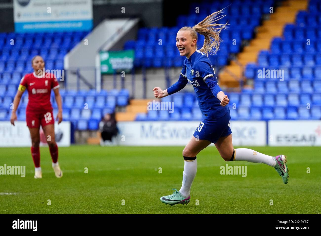 Chelsea's Aggie Beever-Jones celebrates scoring the opening goal of the game during the Barclays Women's Super League match at Prenton Park, Birkenhead. Picture date: Wednesday May 1, 2024. Stock Photo