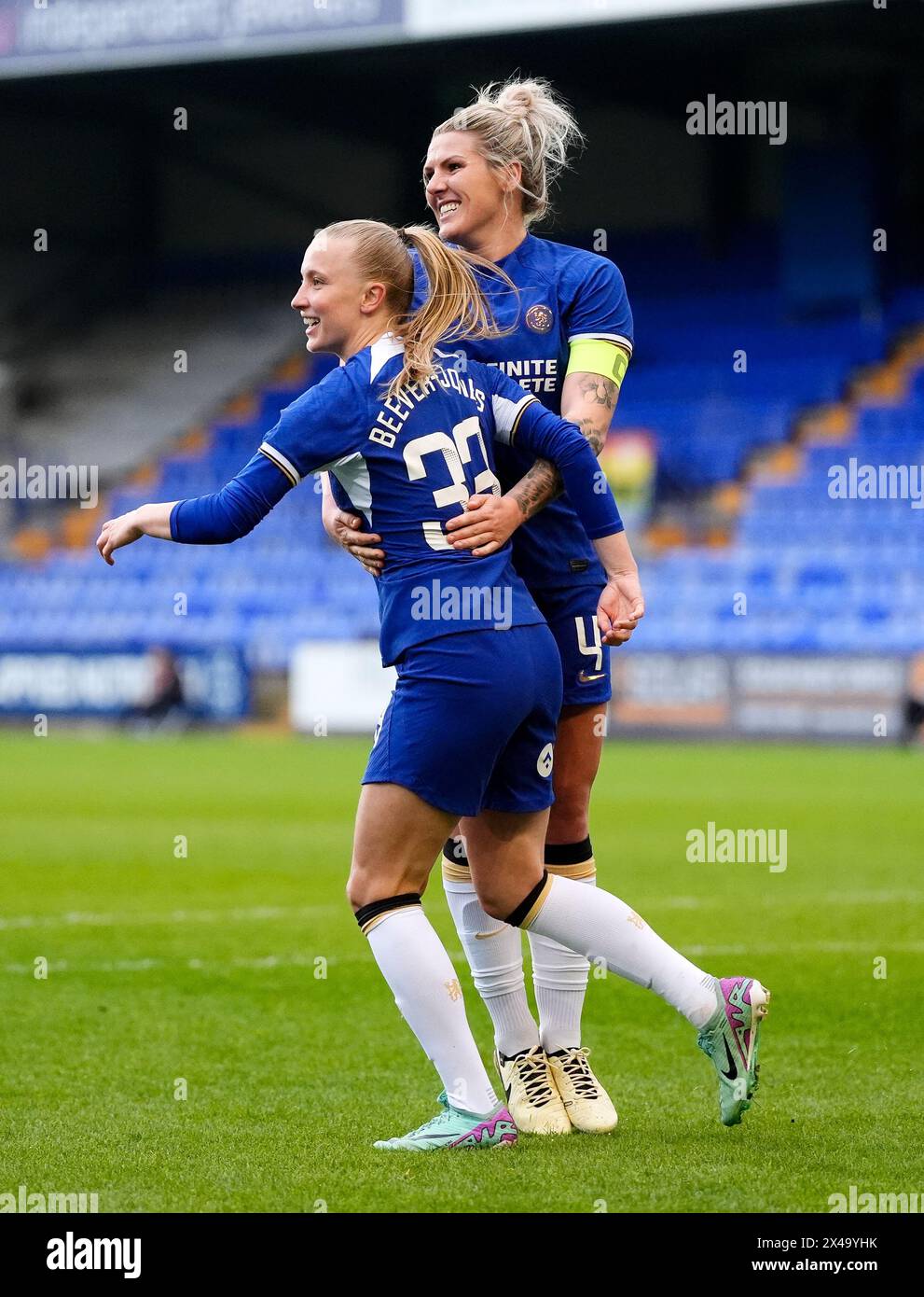 Chelsea's Aggie Beever-Jones celebrates scoring the opening goal of the game with team-mate Millie Bright during the Barclays Women's Super League match at Prenton Park, Birkenhead. Picture date: Wednesday May 1, 2024. Stock Photo