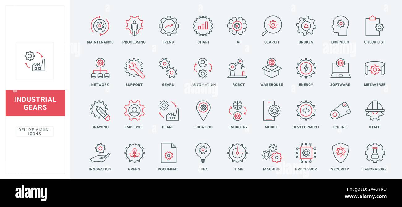Gears and tools in industry line icons set. Development of innovation ...