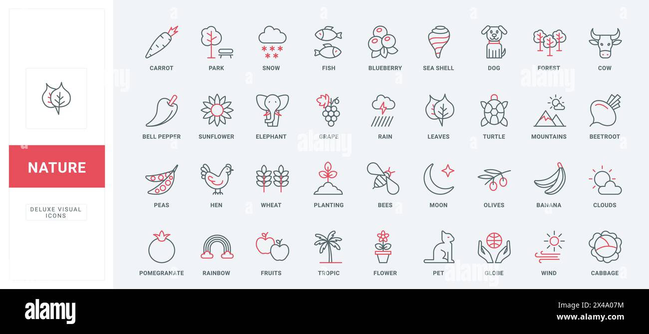 Save nature and ecology, environment and weather line icons set. Cultivation of plants and wheat crop, protection of animals and insects thin black and red outline symbols vector illustration Stock Vector