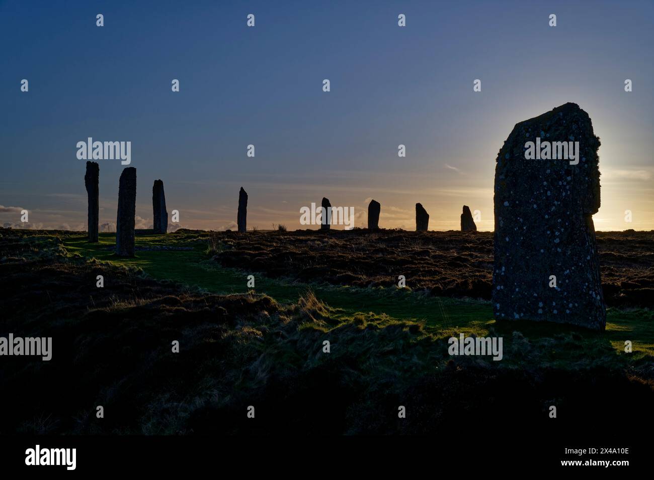 The Ring of Brodgar is a massive Neolithic Stone Circle set in a vast landscape on the Ness of Brodgar near Stromness in Orkney Stock Photo