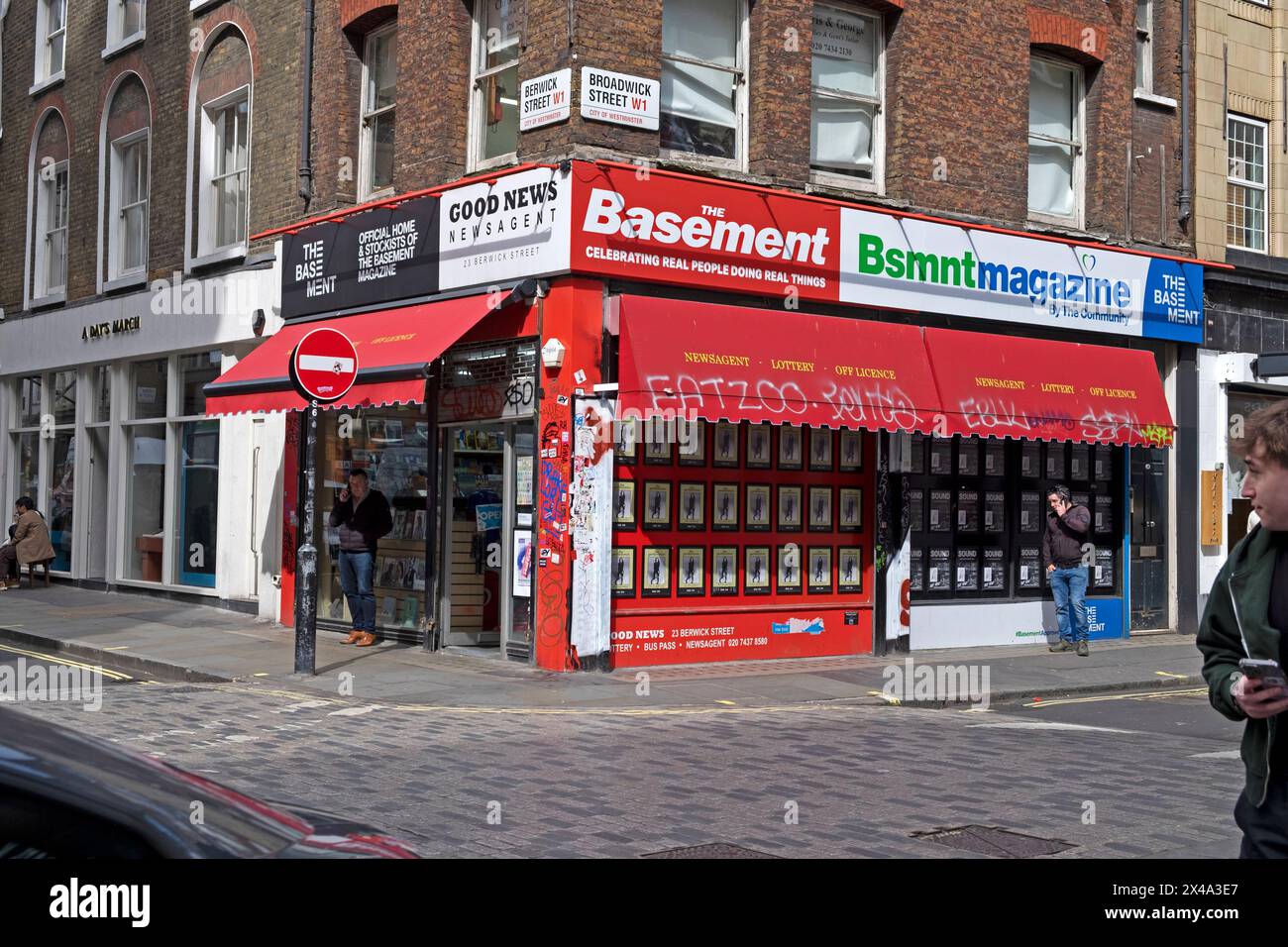 Exterior outside view of Good News newsagent newspaper seller shop on corner Berwick Street in Soho London England UK Great Britain KATHY DEWITT Stock Photo