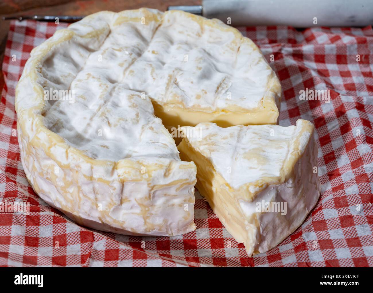 French soft Camembert cheese, original Camembert de Normandie, close up ...