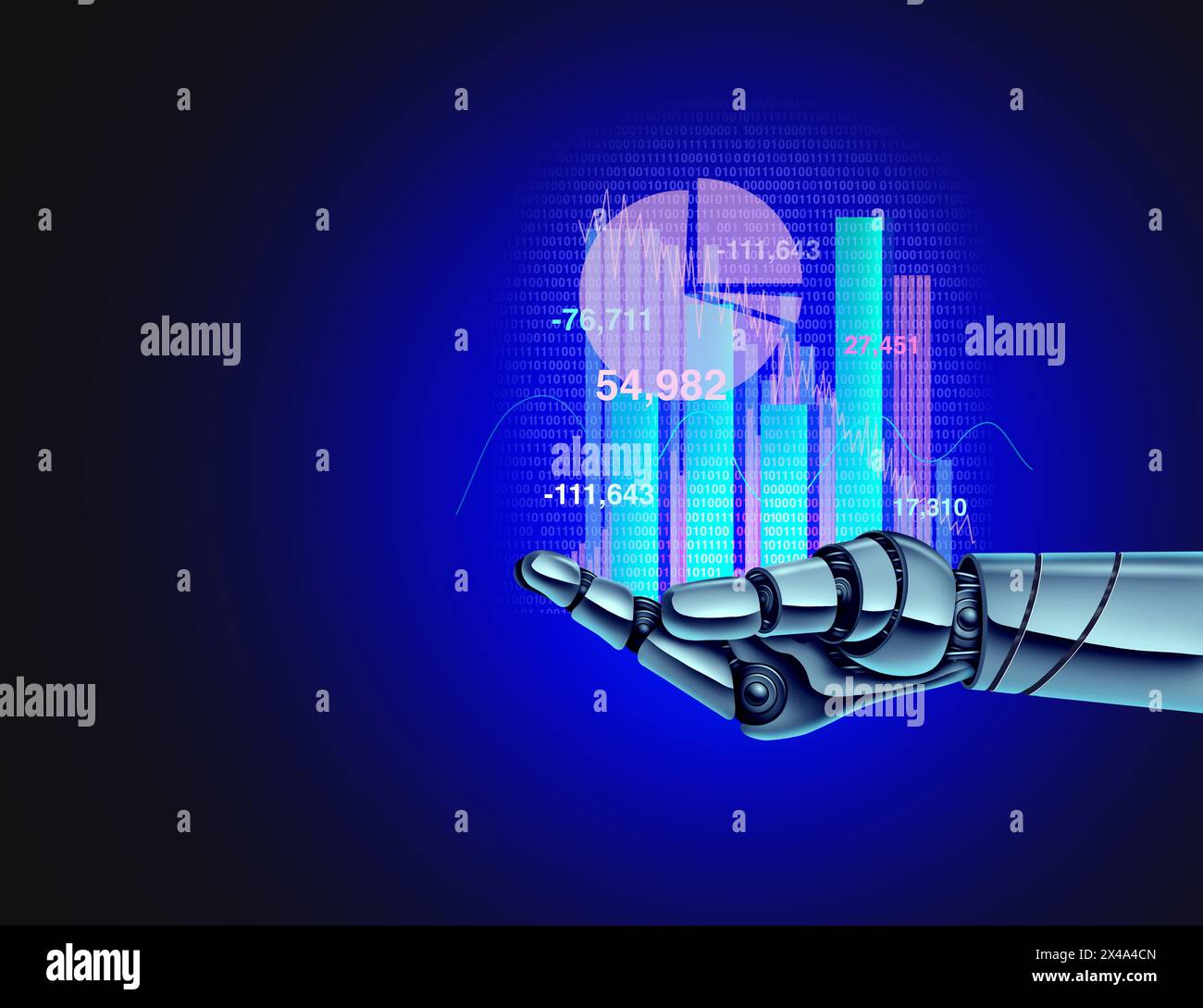AI investing and Artificial intelligence financial services and digital online banking as a robotic hand with stock market and bank symbols Stock Photo