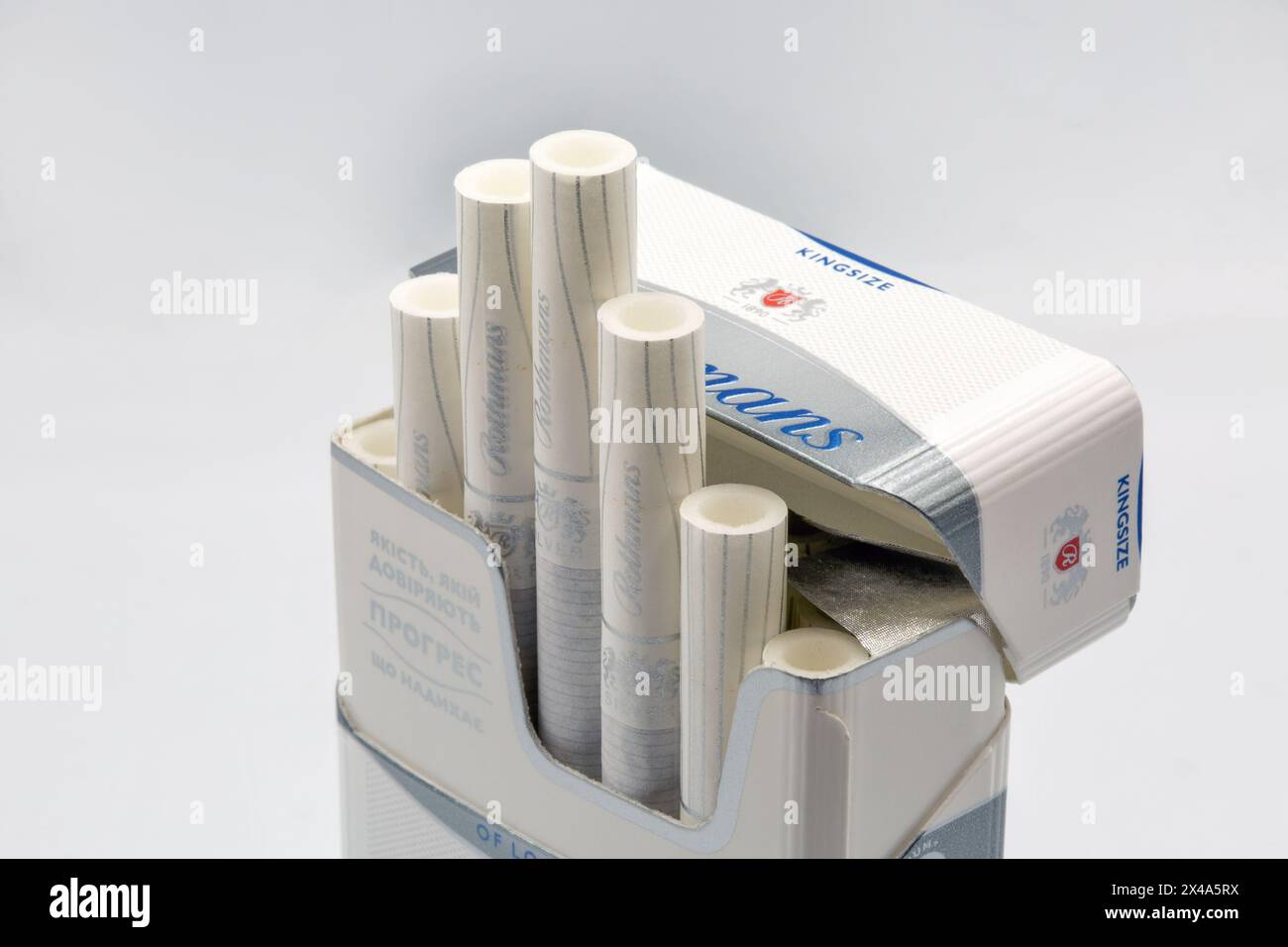 Kyiv, Ukraine - August 05, 2022: A pack of Rothmans cigarettes closeup on white. Rothmans International PLC was a British tobacco manufacturer, it was Stock Photo