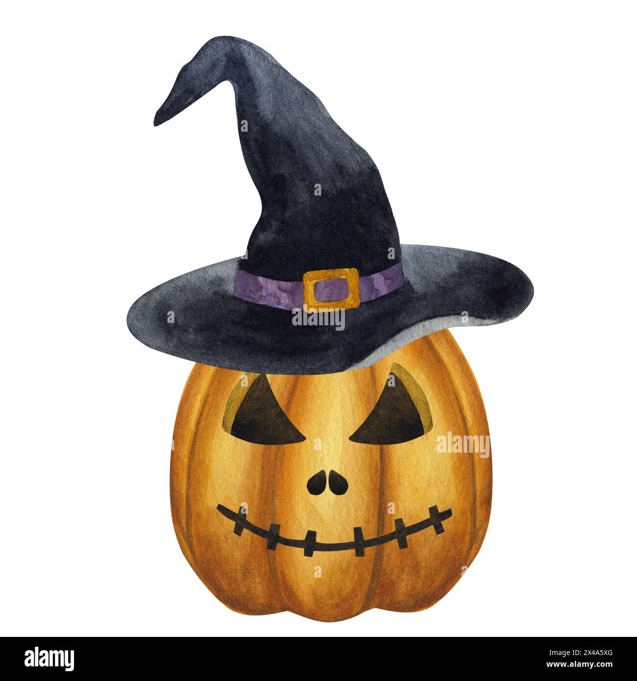 Halloween Jack o Lantern in black witch hat, carved orange pumpkin ...