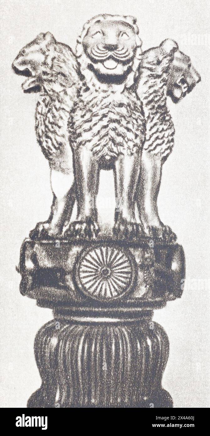 Capital of column with lions. Monument of Buddhism from the city of Sarnath from the time of King Ashoka. Photographs of the first half of the 20th century. Stock Photo
