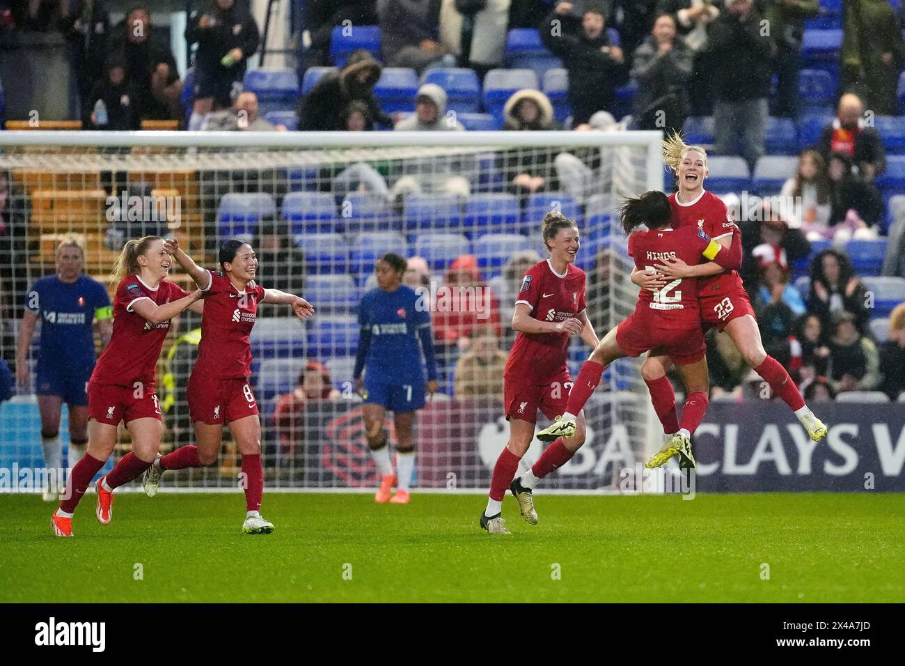 Liverpool's Gemma Bonner (right) celebrates after scoring their side's second goal of the game during the Barclays Women's Super League match at Prenton Park, Birkenhead. Picture date: Wednesday May 1, 2024. Stock Photo