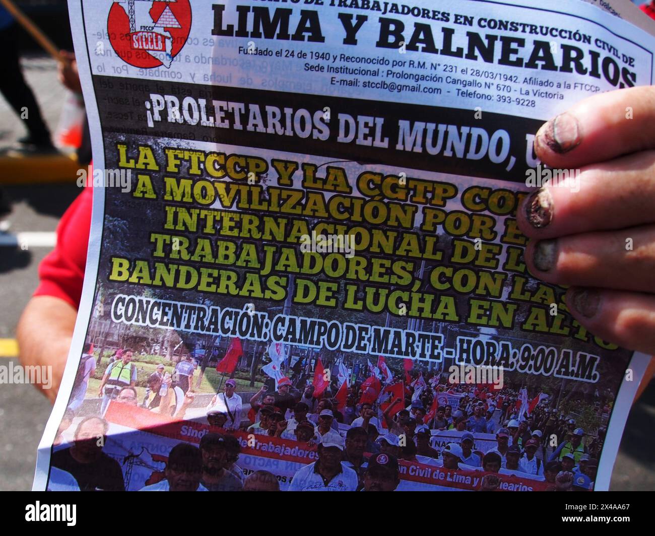 Lima, Peru. 01st May, 2024. "Proletarians of the World unite" can be