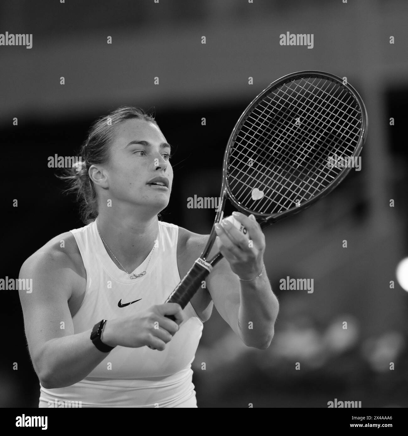 Aryna Sabalenka  against Mirra Andreeva during her Quarter-final match on Day Nine of the Mutua Madrid Open at La Caja Magica on May 01, 2024 in Madri Stock Photo
