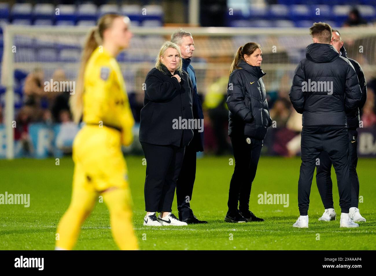 Chelsea manager Emma Hayes (centre) reacts following the Barclays Women's Super League match at Prenton Park, Birkenhead. Picture date: Wednesday May 1, 2024. Stock Photo