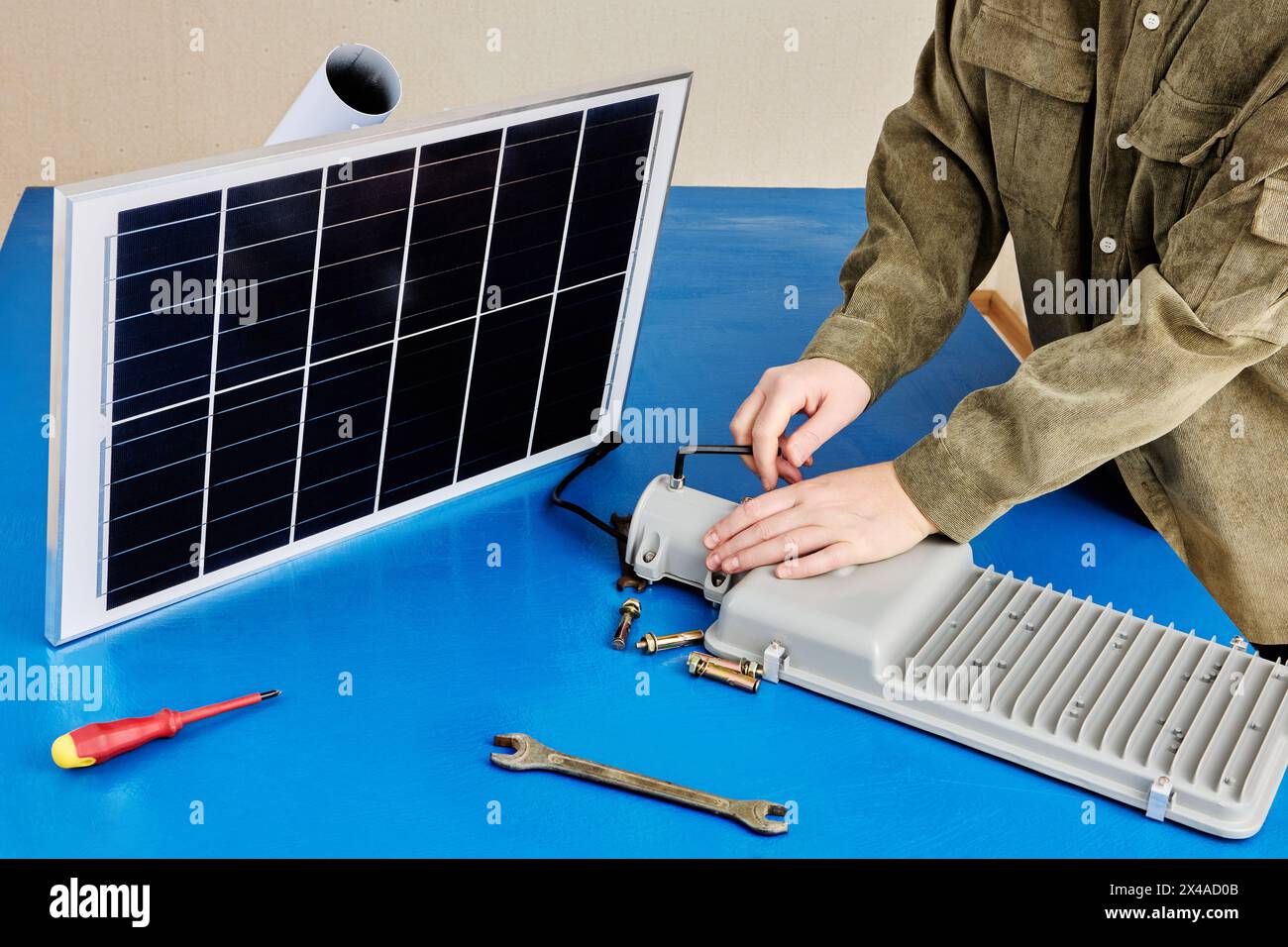 Stand alone LED street light with solar module, DIY assembly at home. Stock Photo