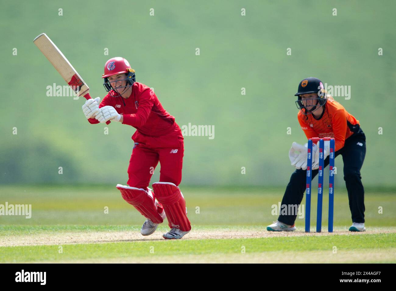 Stokenchurch, UK, 1st May 2024. Katie Mack of Thunder batting during the Rachael Heyhoe Flint