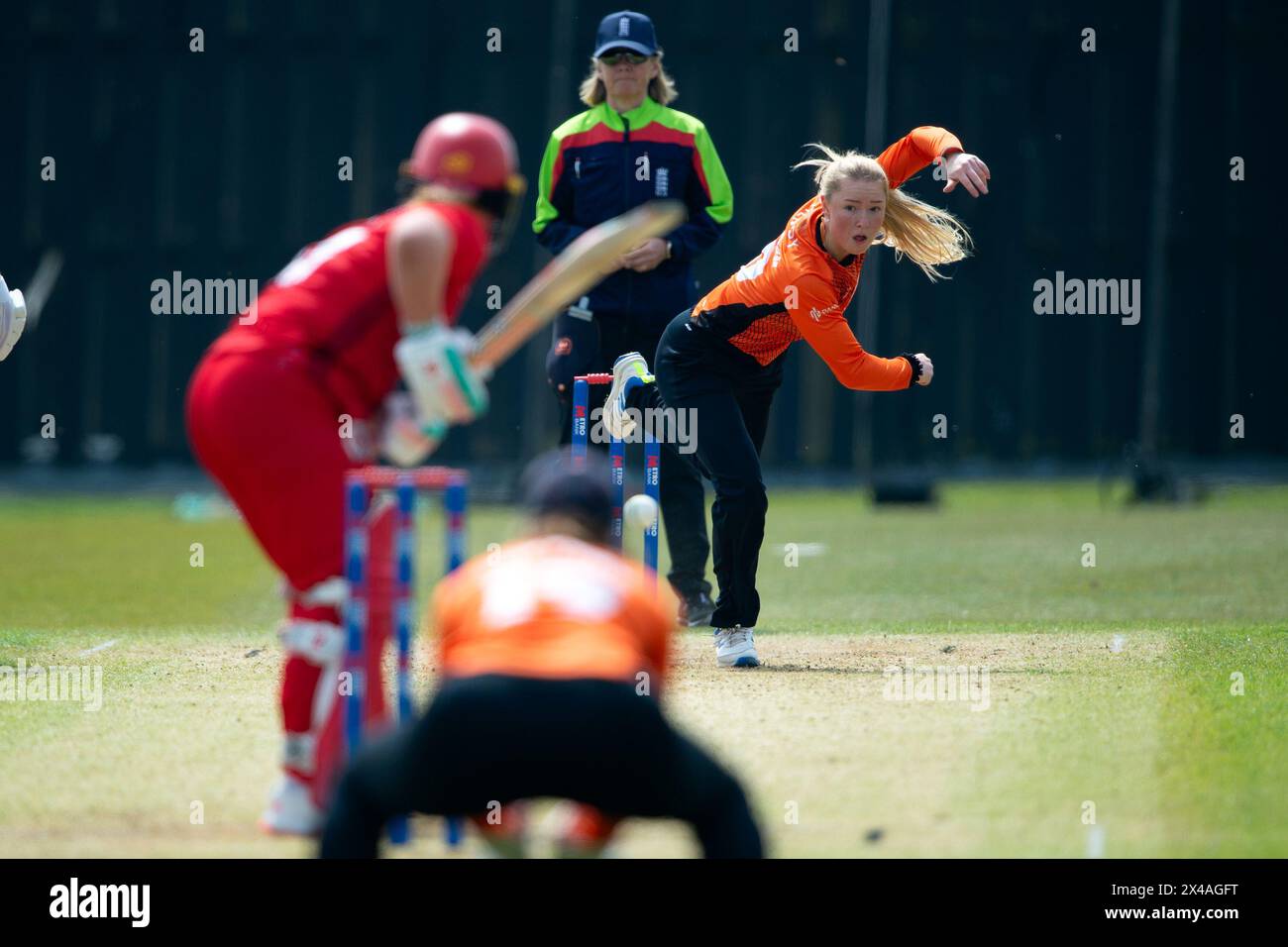 Stokenchurch, UK, 1st May 2024. Linsey Smith of Southern Vipers bowling to Seren Smale during