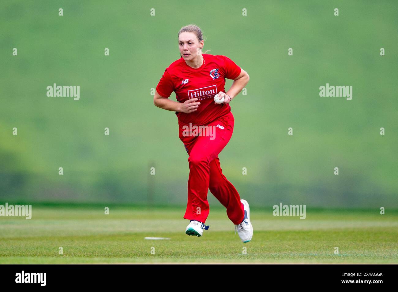 Stokenchurch, UK, 1st May 2024. Tara Norris of Thunder running in to bowl during the Rachael