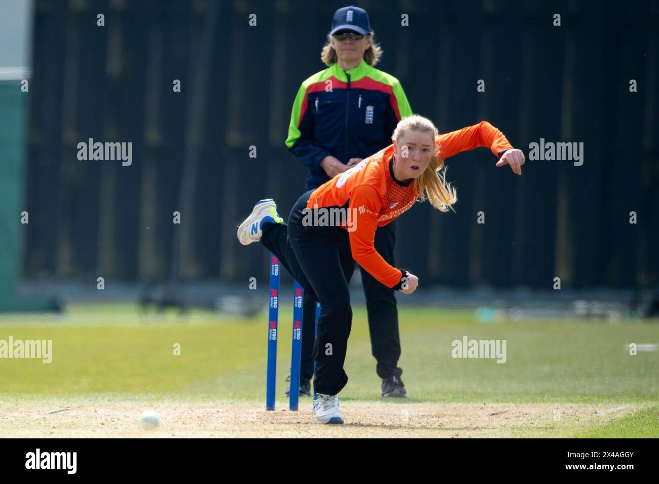 Stokenchurch, UK, 1st May 2024. Alice Monaghan of Southern Vipers bowling during the Rachael
