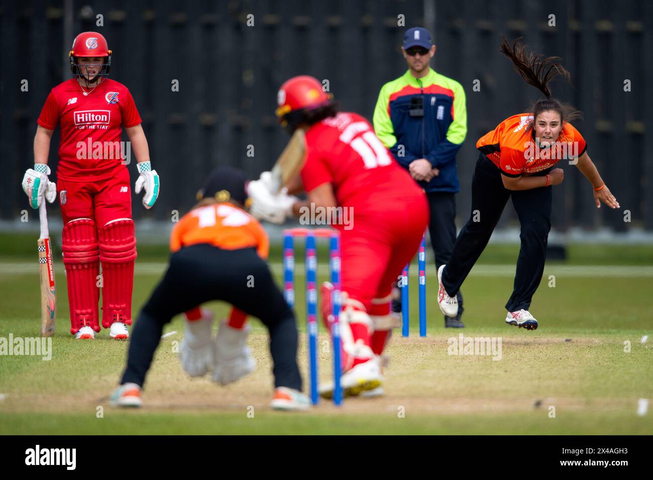 Stokenchurch, UK, 1st May 2024. Mary Taylor of Southern Vipers bowling to Naomi Dattani during