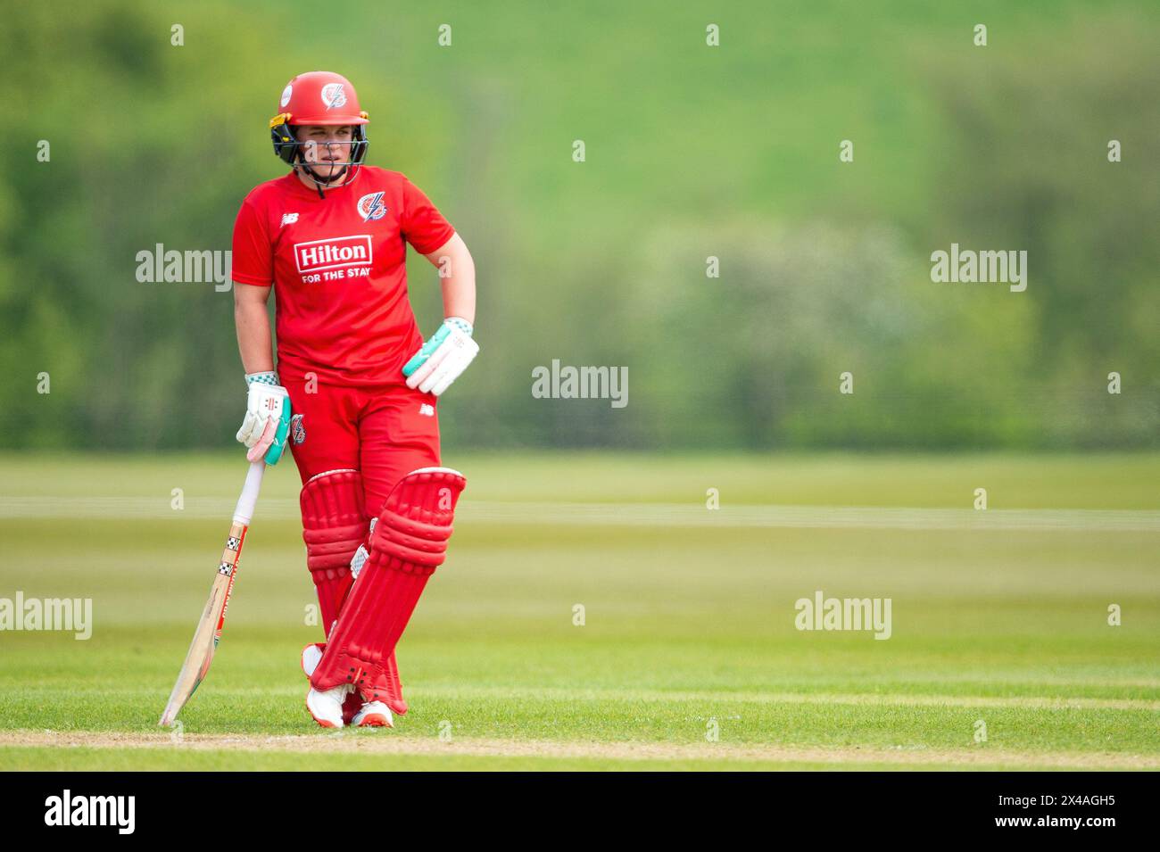 Stokenchurch, UK, 1st May 2024. Seren Smale of Thunder leans on her bat at the non strikers end