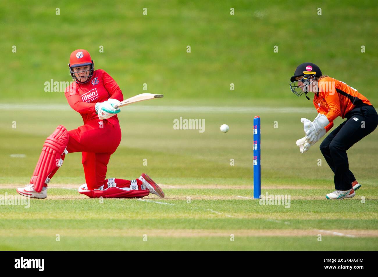 Stokenchurch, UK, 1st May 2024. Eleanor Threlkeld of Thunder batting during the Rachael Heyhoe