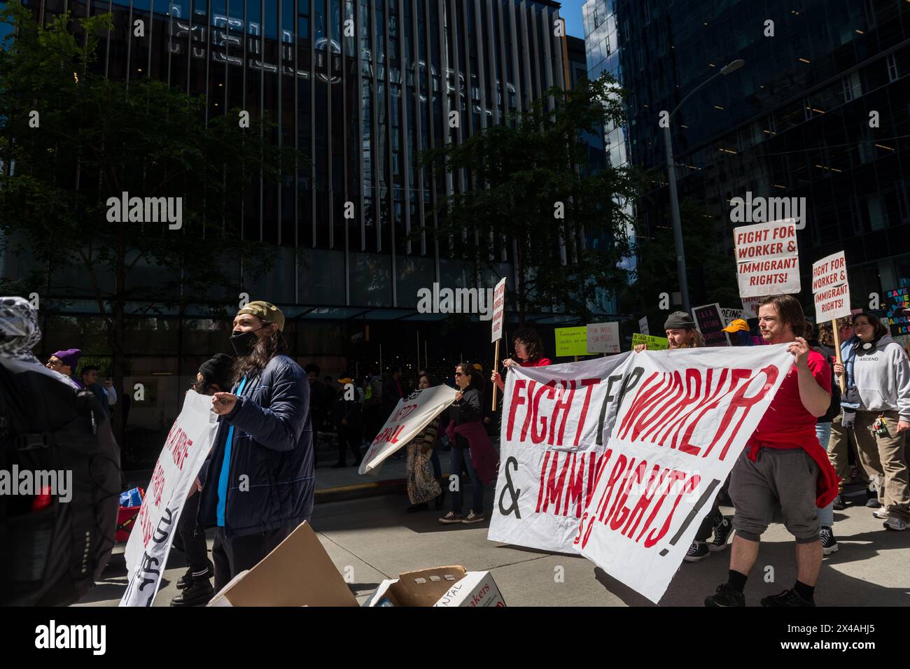 Seattle, USA. 1st May 2024. Protestors in the Seattle May Day March