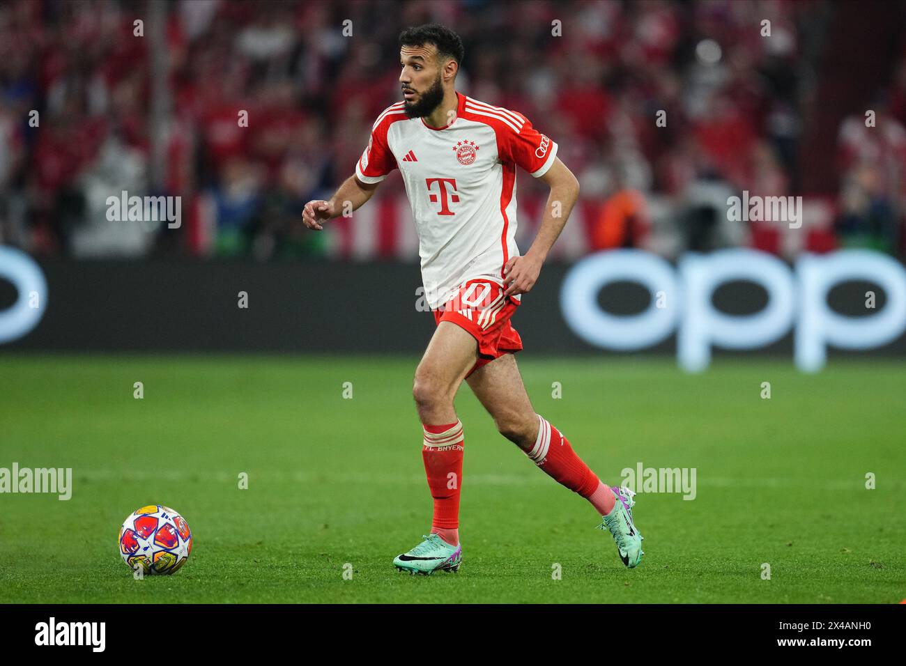 Munich, Germany. 30th Apr, 2024. Noussair Mazraoui of Bayern Munchen during the UEFA Champions League match, Semi-finals, first leg, between FC Bayern Munchen and Real Madrid played at Allianz Stadium on April 30, 2024 in Munich, Germany. (Photo by Bagu Blanco/PRESSINPHOTO) Credit: PRESSINPHOTO SPORTS AGENCY/Alamy Live News Stock Photo