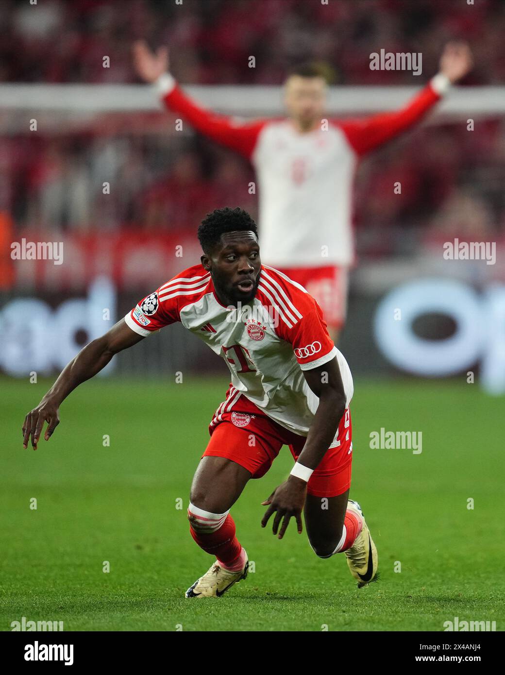 Alphonso Davies of Bayern Munchen during the UEFA Champions League match, Semi-finals, first leg, between FC Bayern Munchen and Real Madrid played at Allianz Stadium on April 30, 2024 in Munich, Germany. (Photo by Bagu Blanco / PRESSINPHOTO) Stock Photo