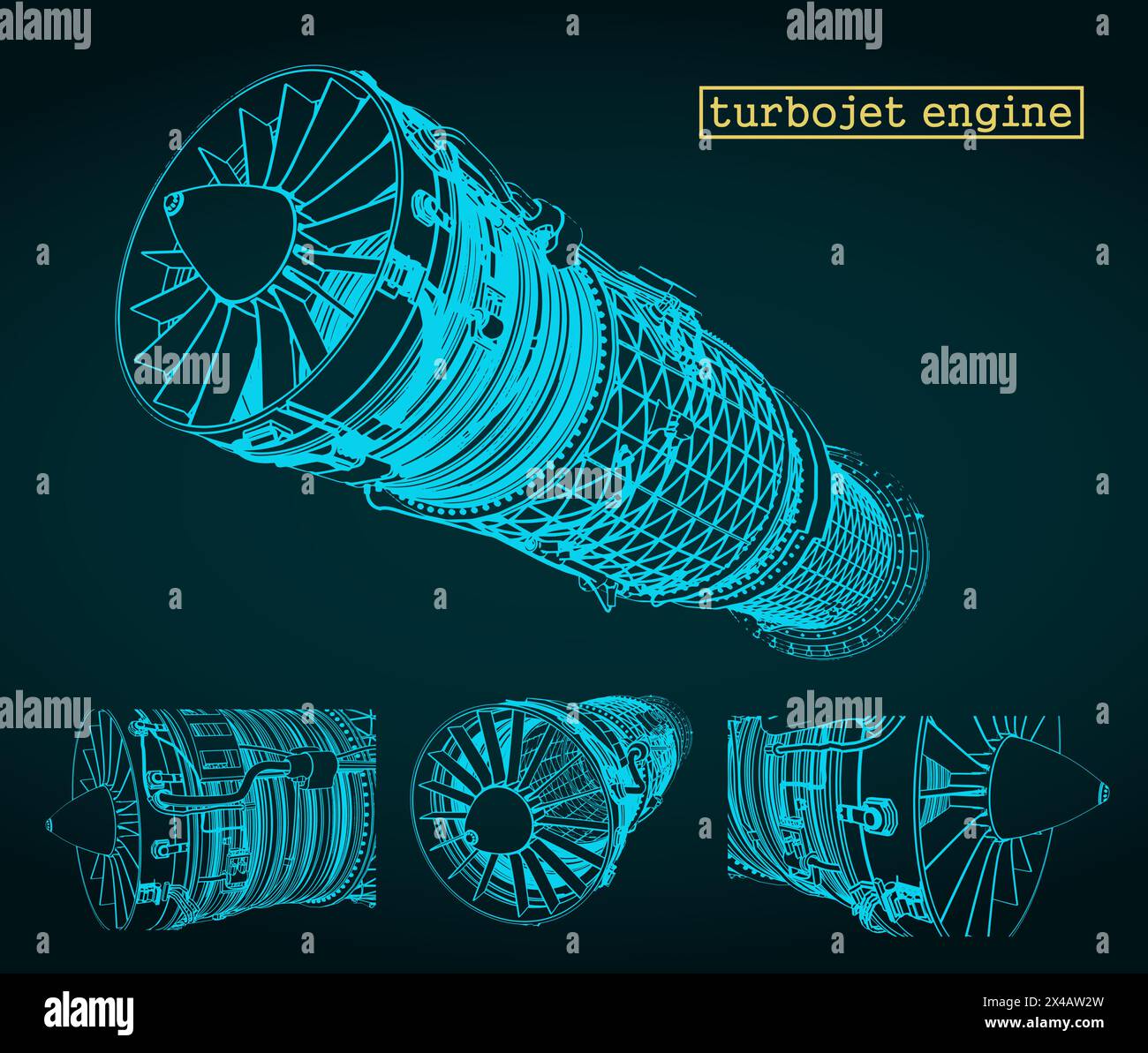 Stylized vector illustration of drawings of a turbojet engine Stock Vector