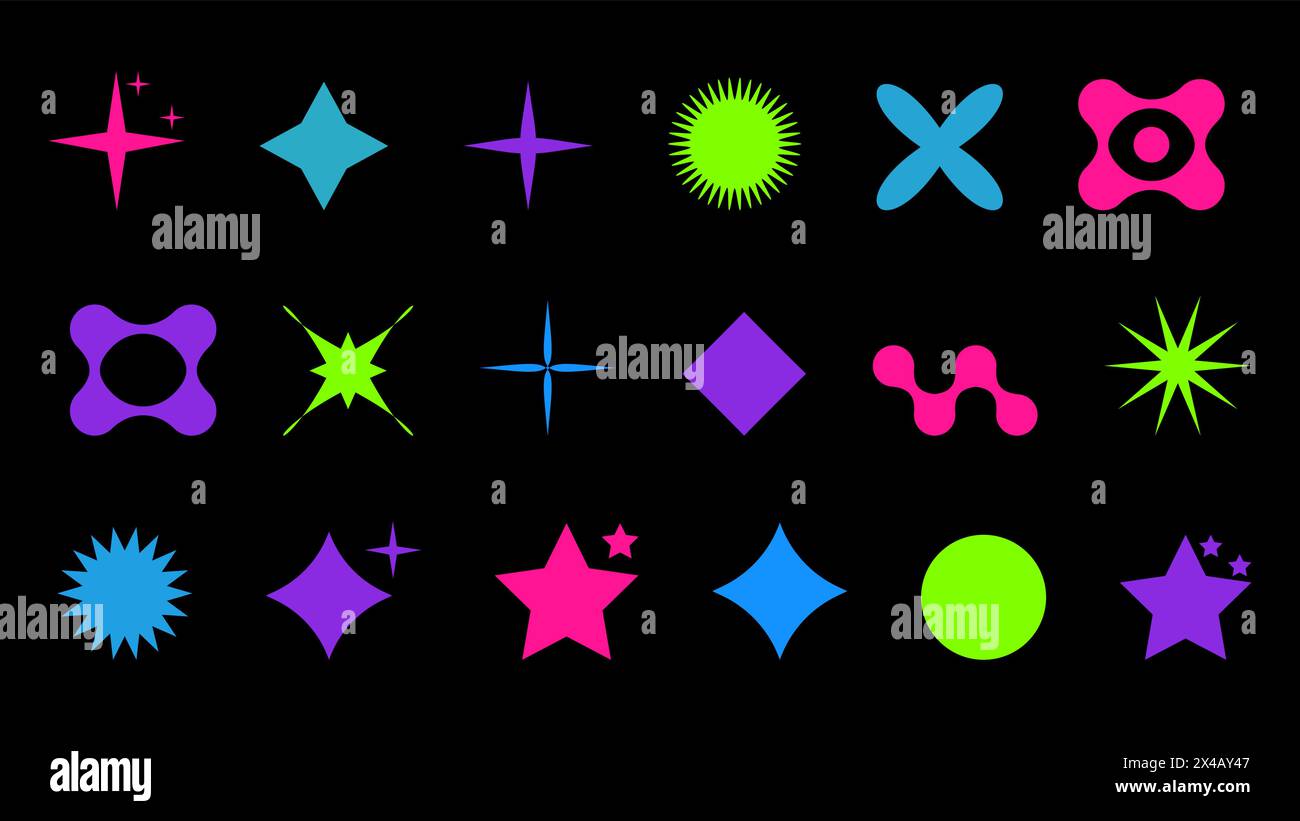 Abstract shapes in y2k style brutalist retro. Bright color. Set geometric shapes atmosphere future. For banner poster design web design. Vector illustration. Stock Vector