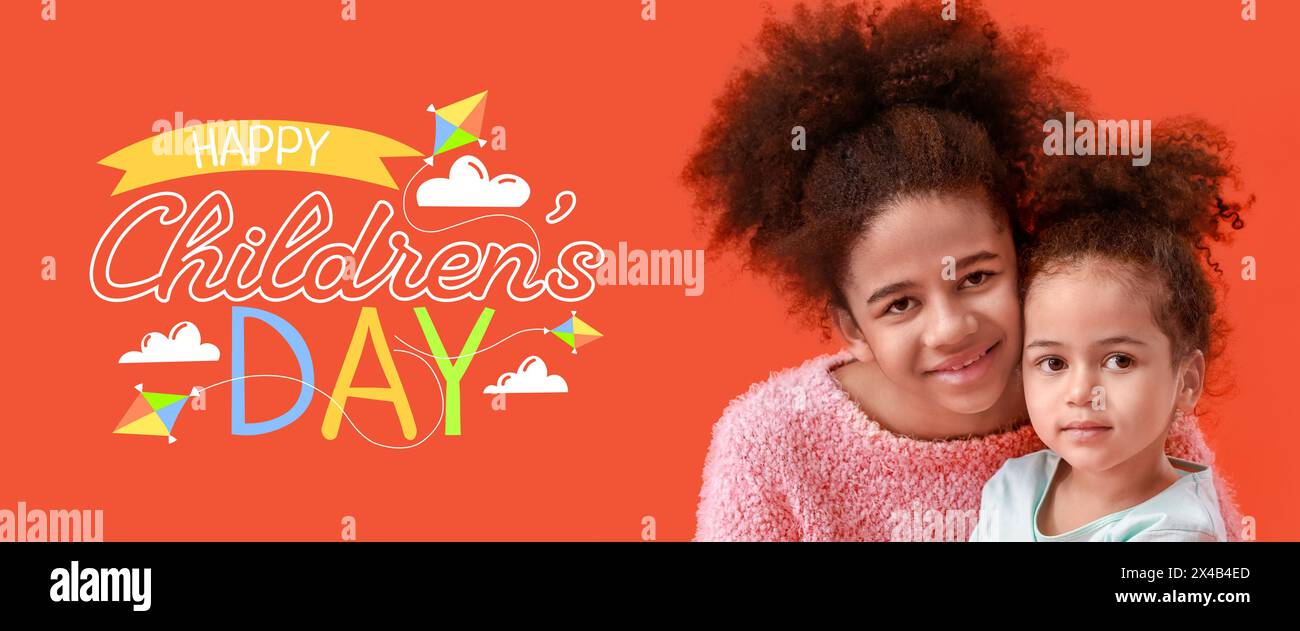 Banner for Happy Children's Day with cute African-American sisters Stock Photo