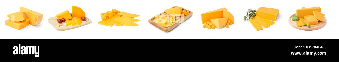 Collage of tasty cheddar cheese on white background Stock Photo