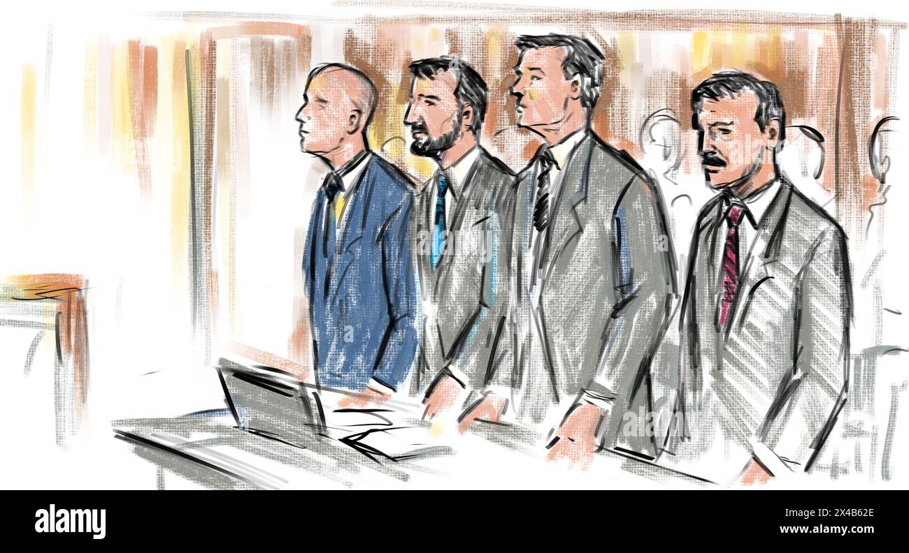 Pastel pencil pen and ink sketch illustration of a courtroom trial setting with lawyer and defendant, plaintiff or witness standing during court case Stock Photo
