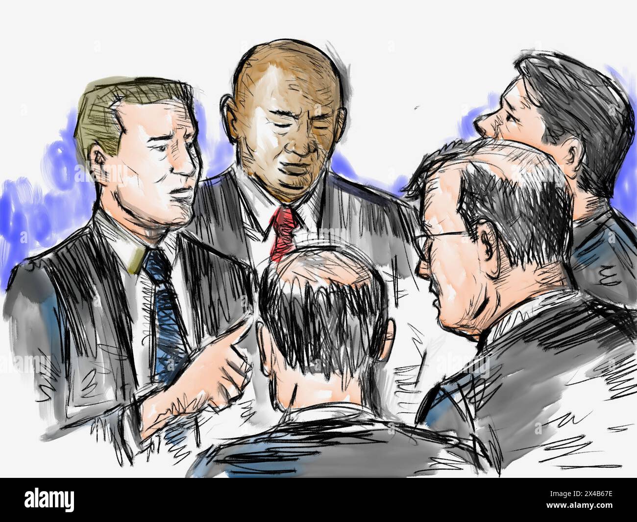 Pastel pencil pen and ink sketch illustration of a courtroom trial setting with lawyer and defendant, plaintiff or witness deliberating a court case h Stock Photo