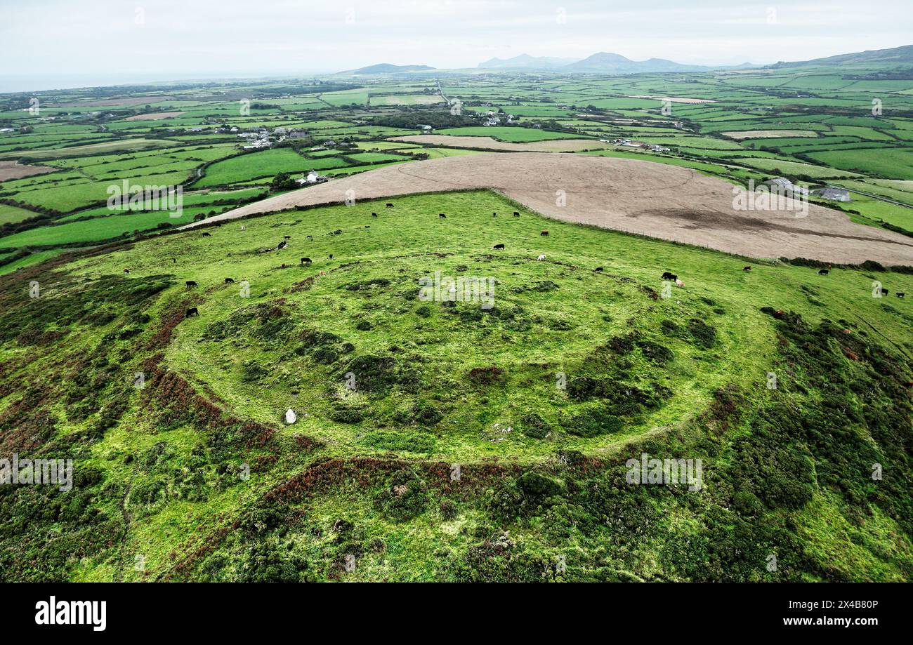 Castell Odo late Bronze Age through Iron Age hillfort on Mynydd Ystum hill. Near Aberdaron, Llyn, north Wales. Aerial looking N.E. Stock Photo