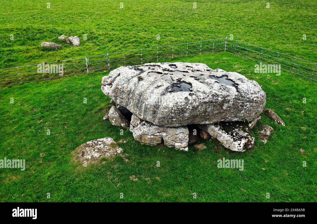 Lligwy prehistoric megalithic burial chamber. Anglesey, Wales.  Late Neolithic 2500 to 2000 BC. Cap stone approx. 28 tons. Remains of 15 to 30 people Stock Photo