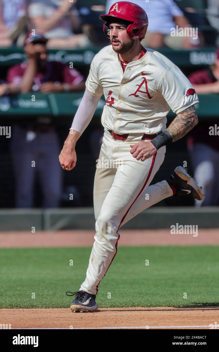May 1, 2024: Parker Rowland #44 of Arkansas comes around third base head towards the plate. Arkansas defeated Missouri State 8-5 in Fayetteville, AR. Richey Miller/CSM Stock Photo
