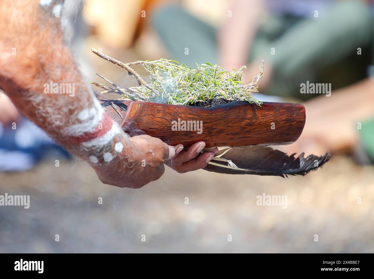 Ritual fire with green branch, smoke and fire, the smoke ritual rite at ...
