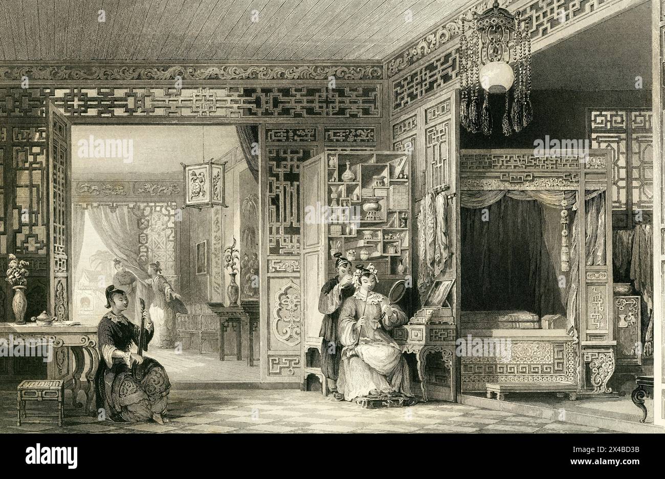 Boudoir and Bedchamber of a Lady of rank China Drawn by T. Allom Engraved by W.Floyd Stock Photo