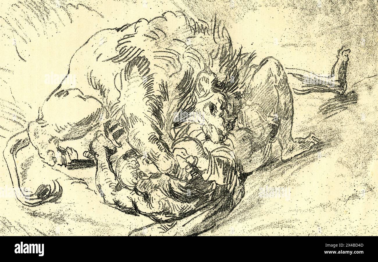 Gladiator knocked down by a lion Eugene Delacroix Intense Struggle Between a Lion and a Man Captured in Dramatic Pencil Sketch French  Art Stock Photo