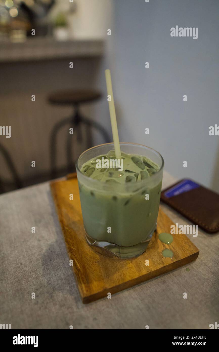 a matcha drink in a cafe Stock Photo