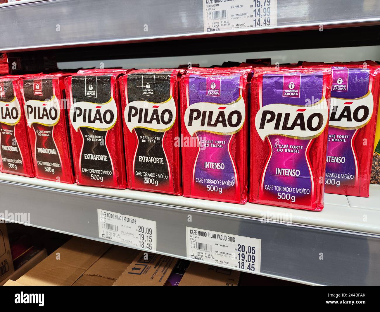 Ivinhema, Brazil. 01st May, 2024. Pilão brand coffee is seen being sold on the shelf of a supermarket in Brazil. Credit: SOPA Images Limited/Alamy Live News Stock Photo
