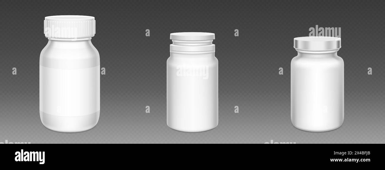 Pill bottles 3D isolated on transparent background. Vector realistic illustration of blank jar mockups, metal and plastic caps, container for food supplement, vitamin tablets, pharmaceutical product Stock Vector