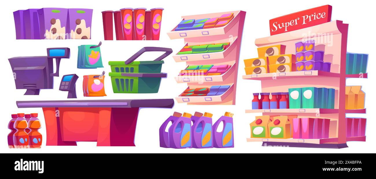 Grocery supermarket interior furniture cartoon set. Super market aisle inside for retail merchandise and product display. Food and drink on rack showcase in mall department with counter packing stand Stock Vector